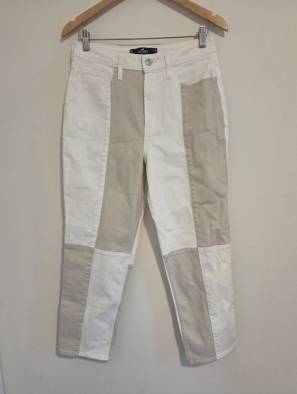 Hollister White & Tan Ultra High-Rise Patchwork  Vintage Straight Jeans